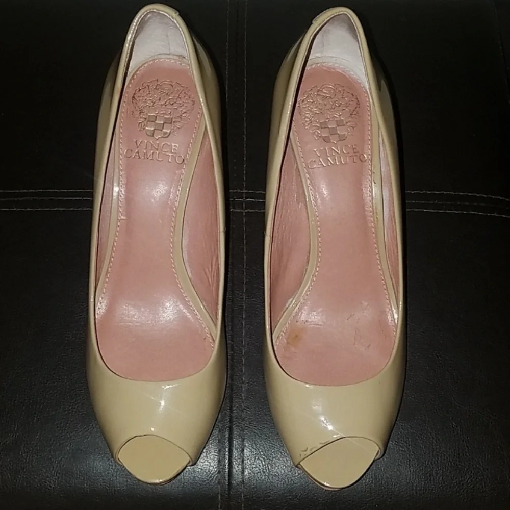Vince Camuto patent leather nude peep toe pumps